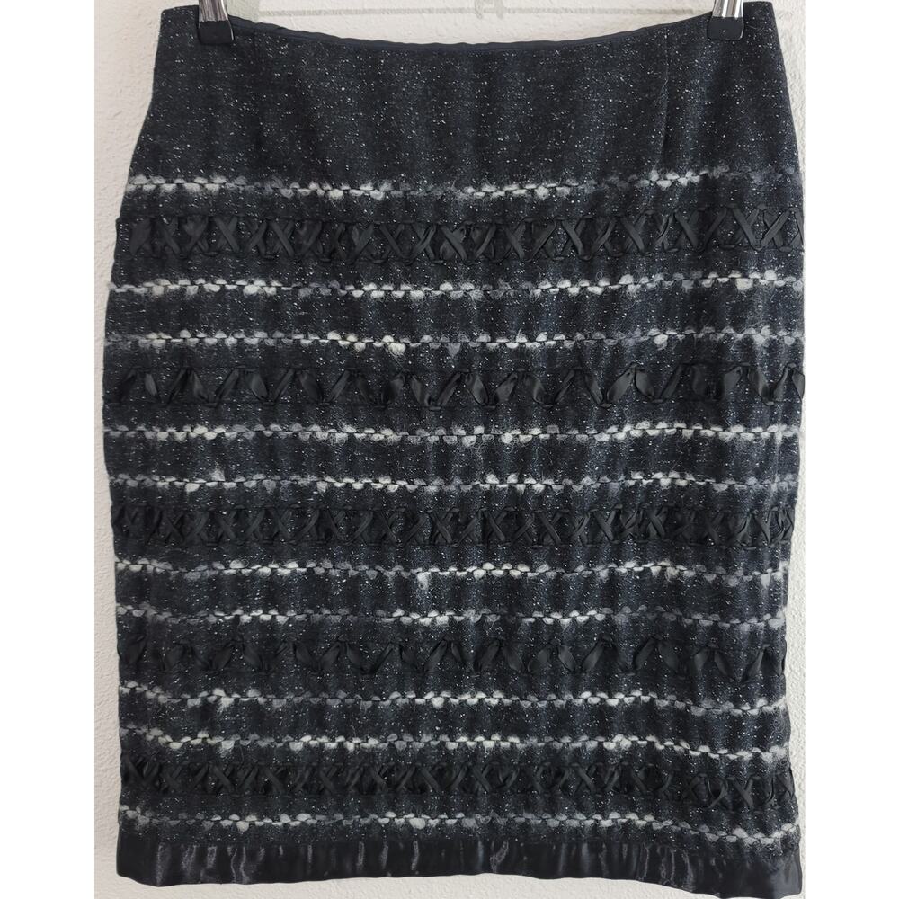 Jodi Black Gray Wool A-Line Skirt 12 Ribbon Details Satin Trim Knee Length Lined